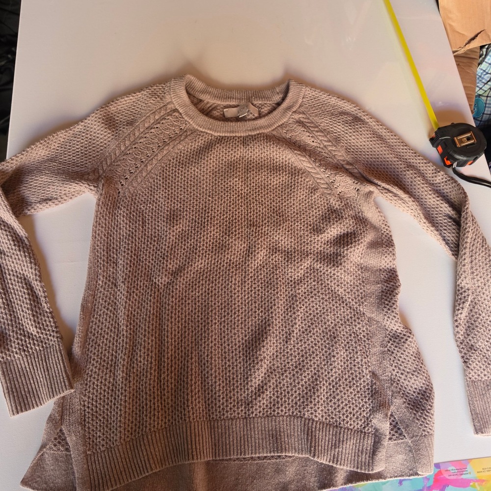 Loft Womens Small Taupe Textured Waffle Knit Cable Accent Crewneck Sweater